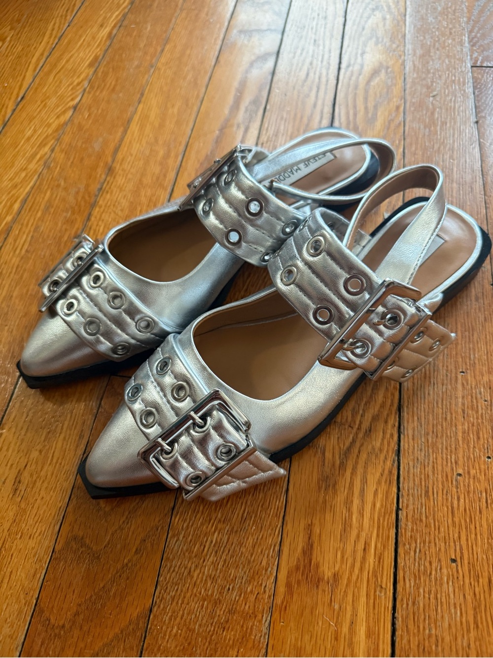 Steve Madden Silver Leather Buckle Flats